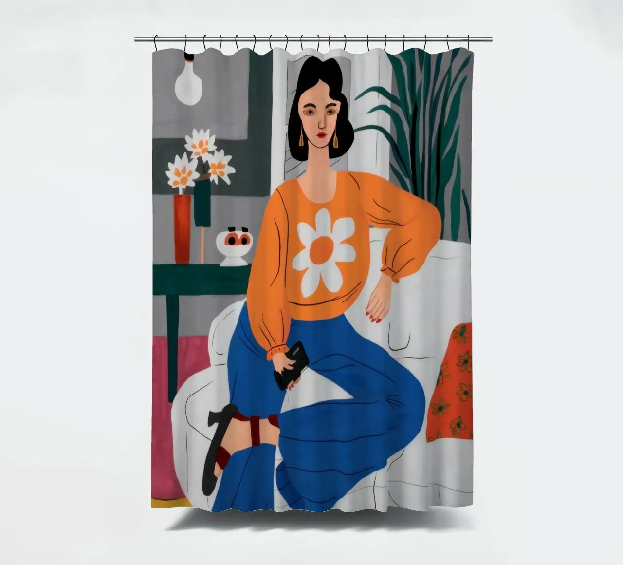 Orangefarbener Pullover Gänseblümchen Duschvorhang von Pale Aura