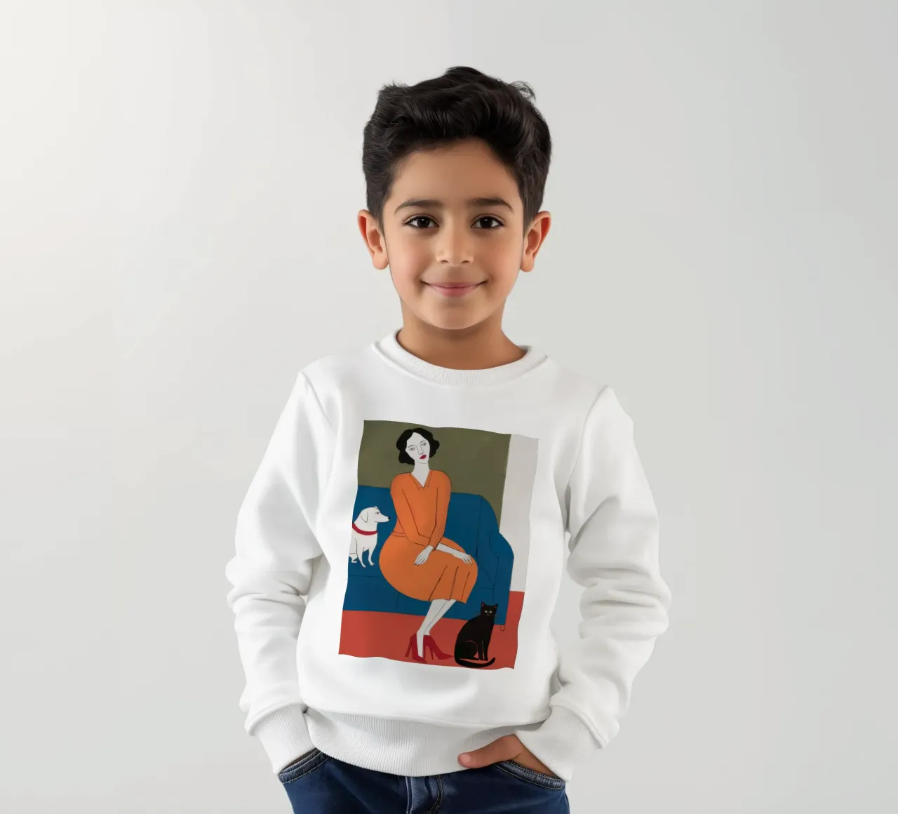 Divano blu Gatto bianco felpa bambino da Marigold Tiga