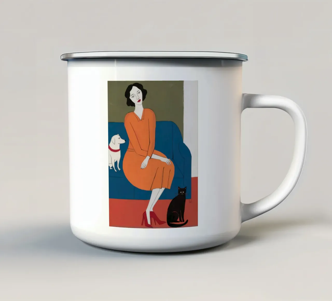Divano blu Gatto bianco tazza in smalto da Marigold Tiga