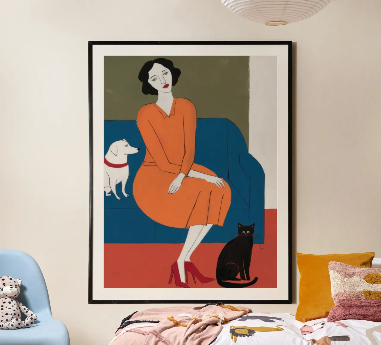 Divano blu Gatto bianco poster con telaio in legno da Marigold Tiga