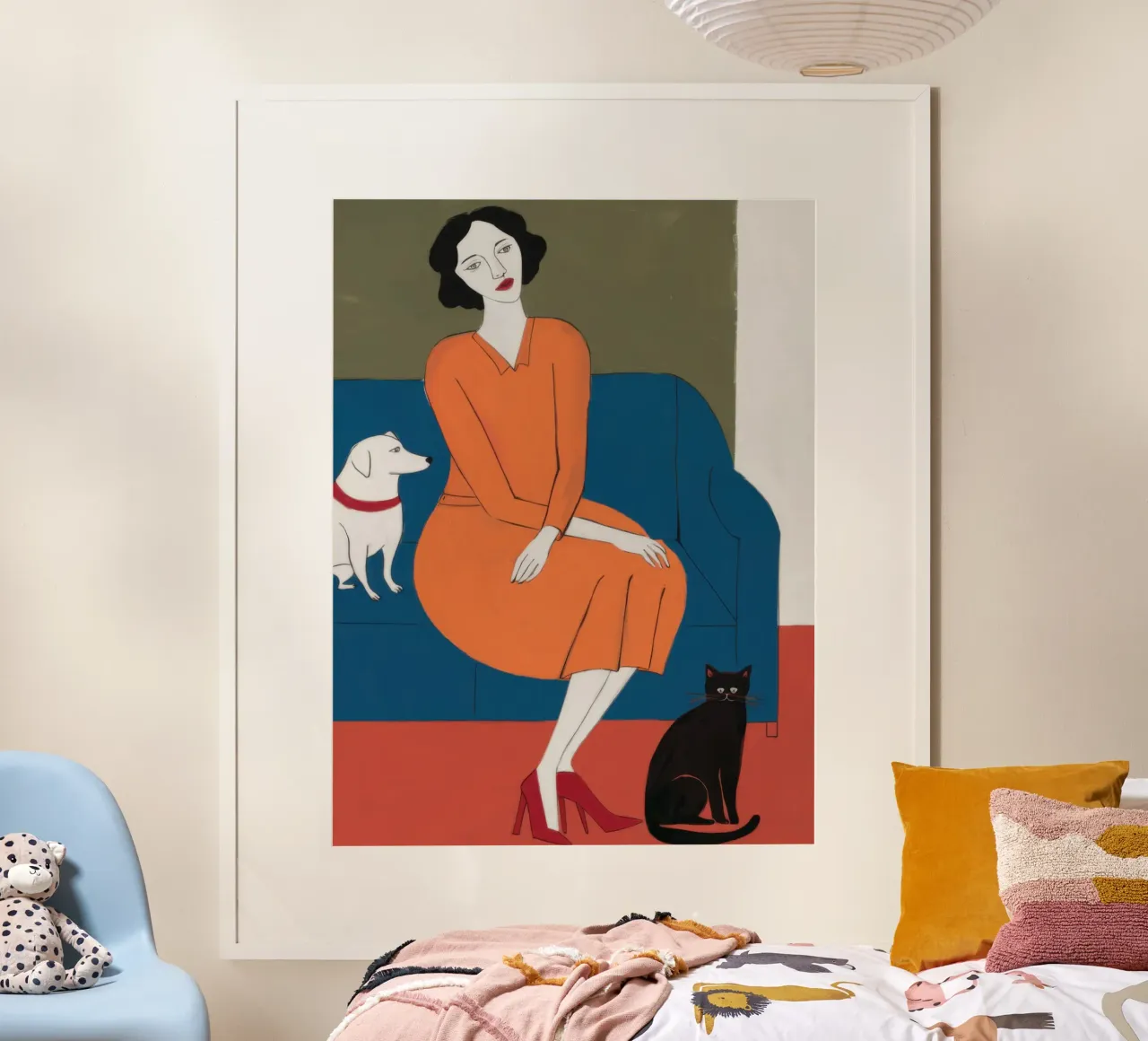 Divano blu Gatto bianco poster con telaio in legno da Marigold Tiga