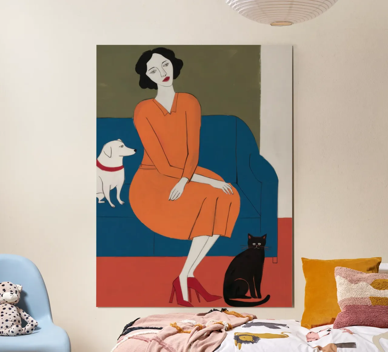 Divano blu Gatto bianco poster con telaio in legno da Marigold Tiga