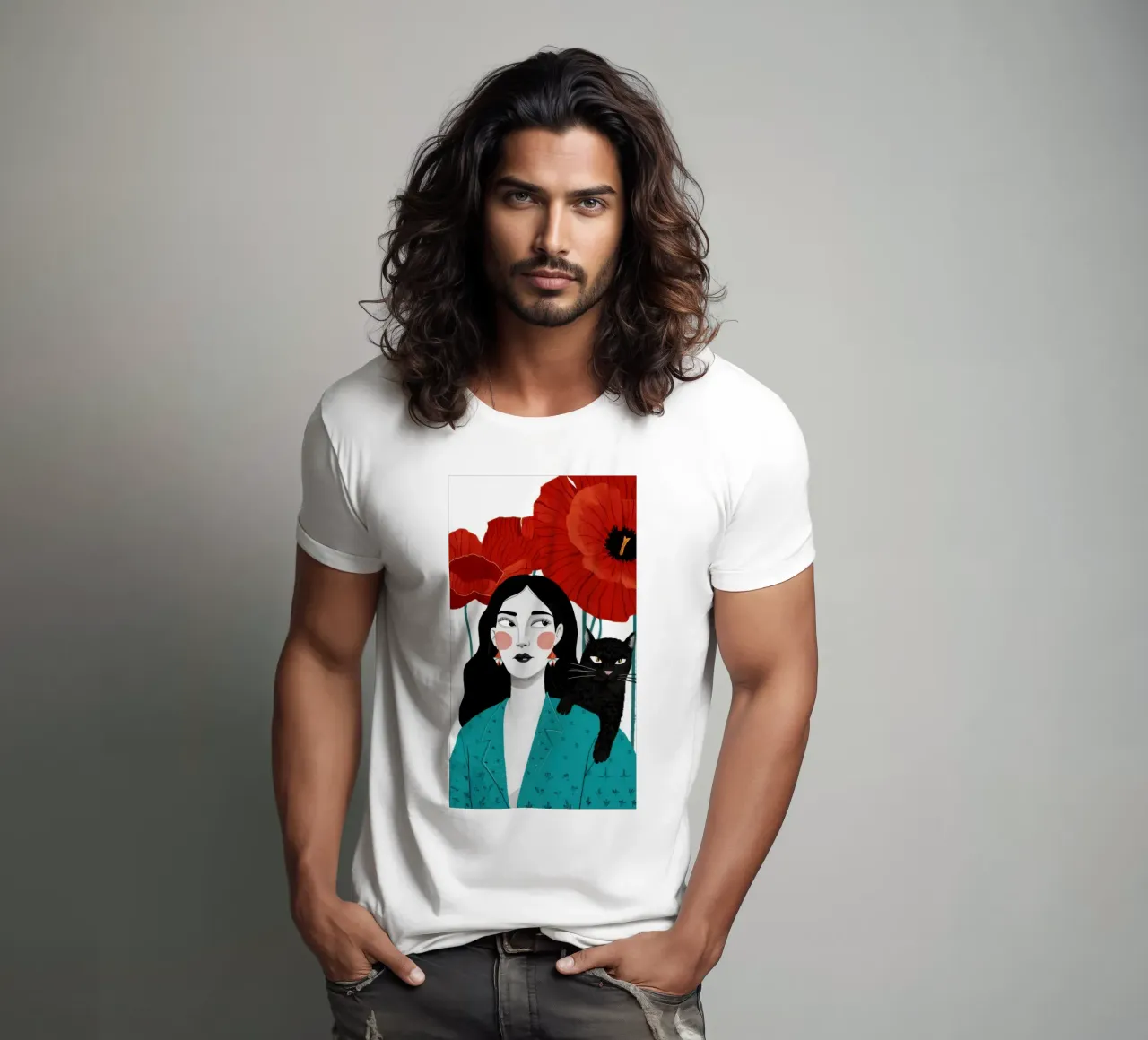 Coquelicot rouge Chat noir t-shirt de Marigold Tiga