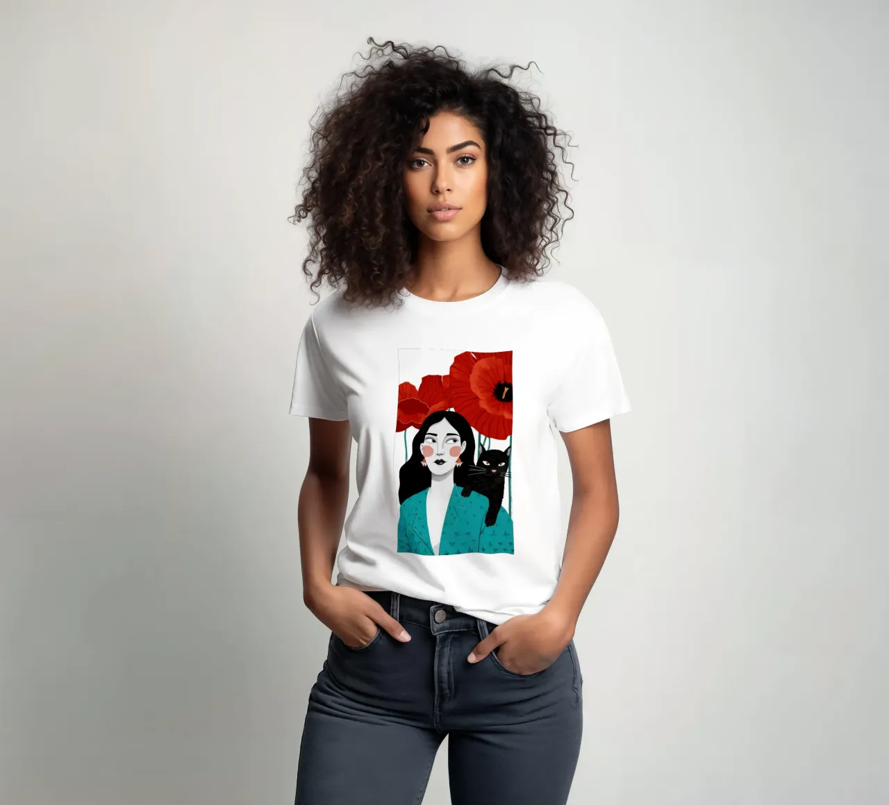 Coquelicot rouge Chat noir t-shirt de Marigold Tiga