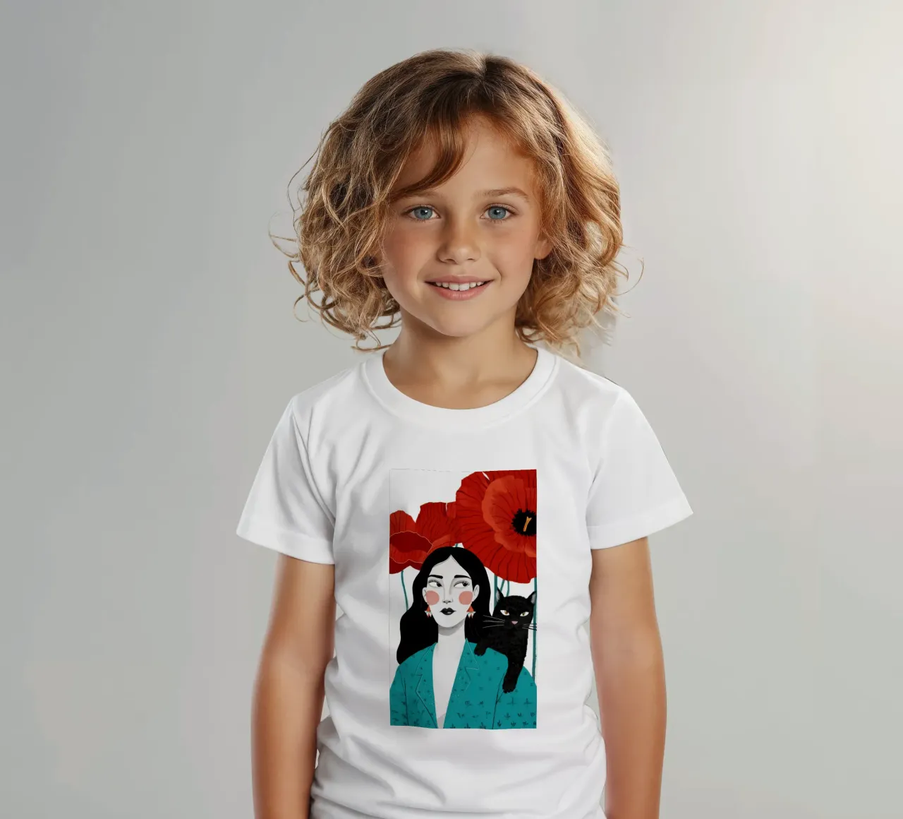Rode klaproos Zwarte kat kinder t-shirt van Marigold Tiga