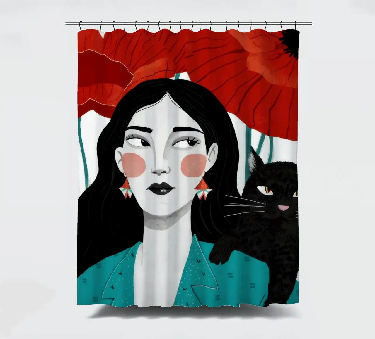 Roter Mohn Schwarze Katze Duschvorhang von Marigold Tiga