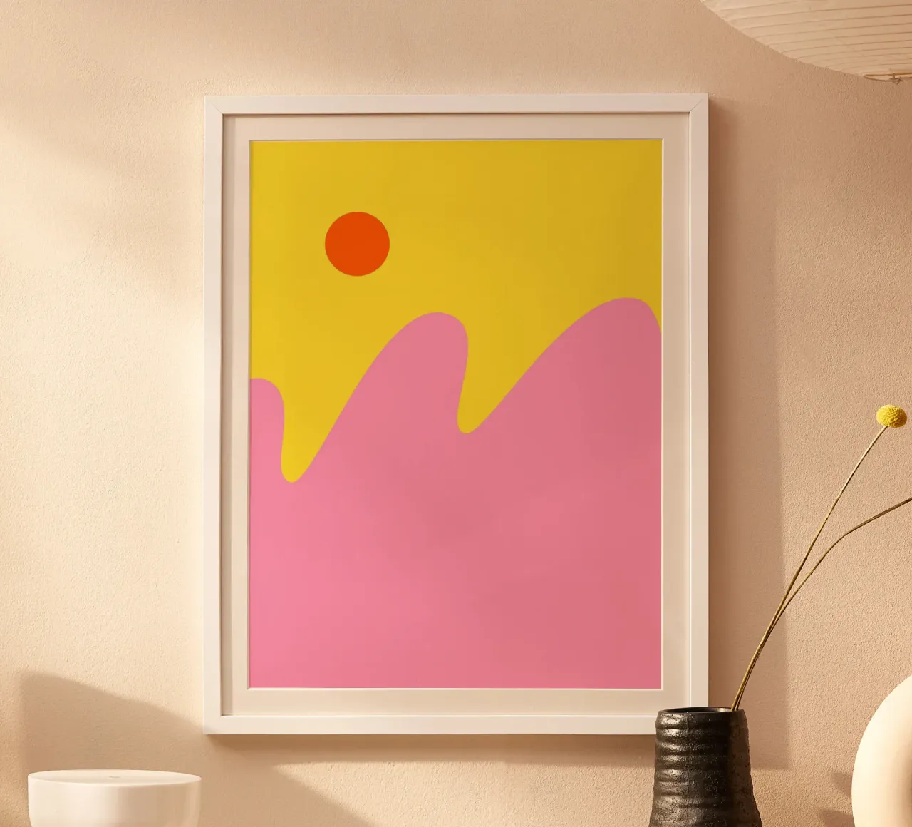 color blocks waves poster with wooden frame by pastel color shape