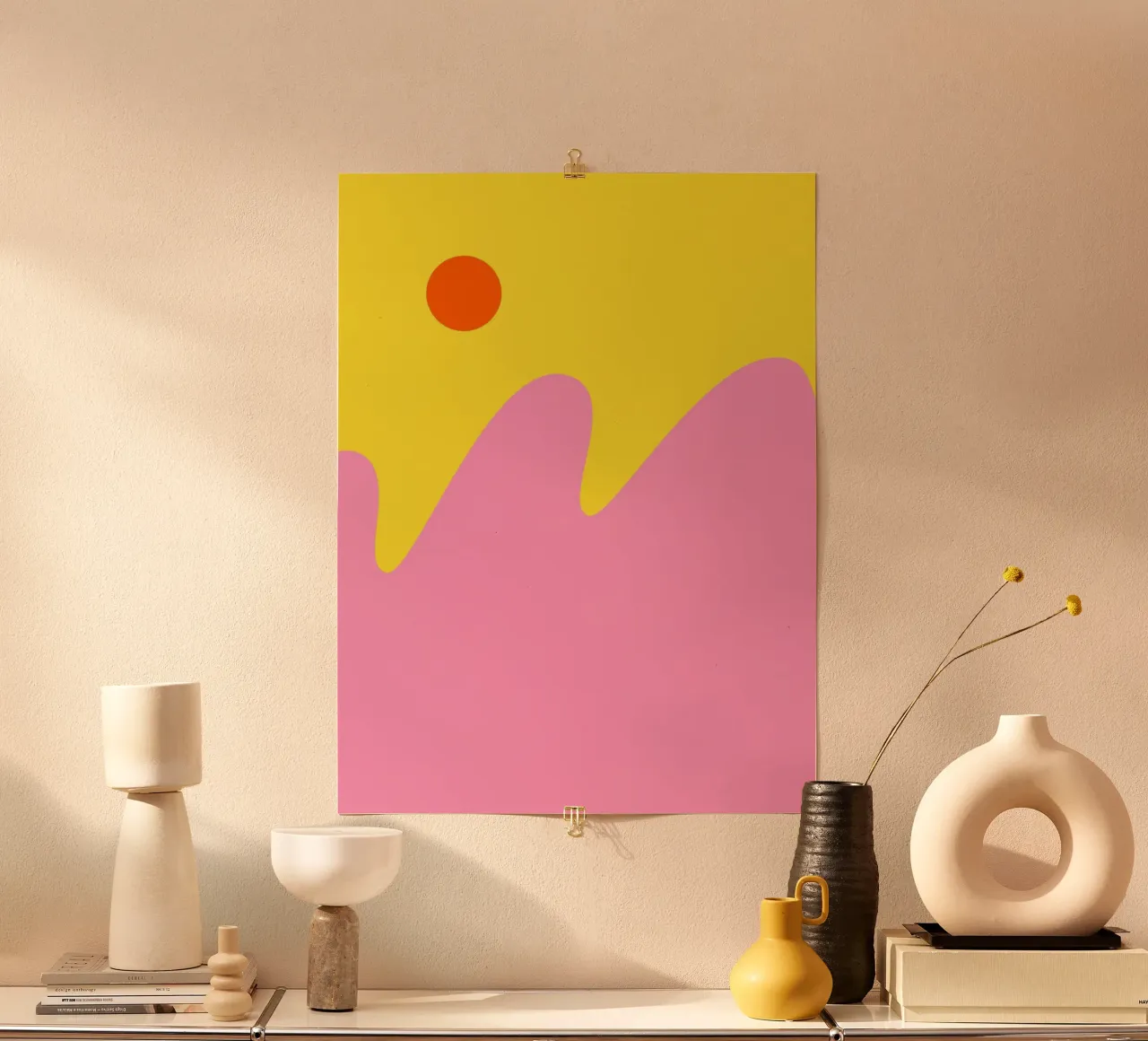 color blocks waves poster with wooden frame by pastel color shape