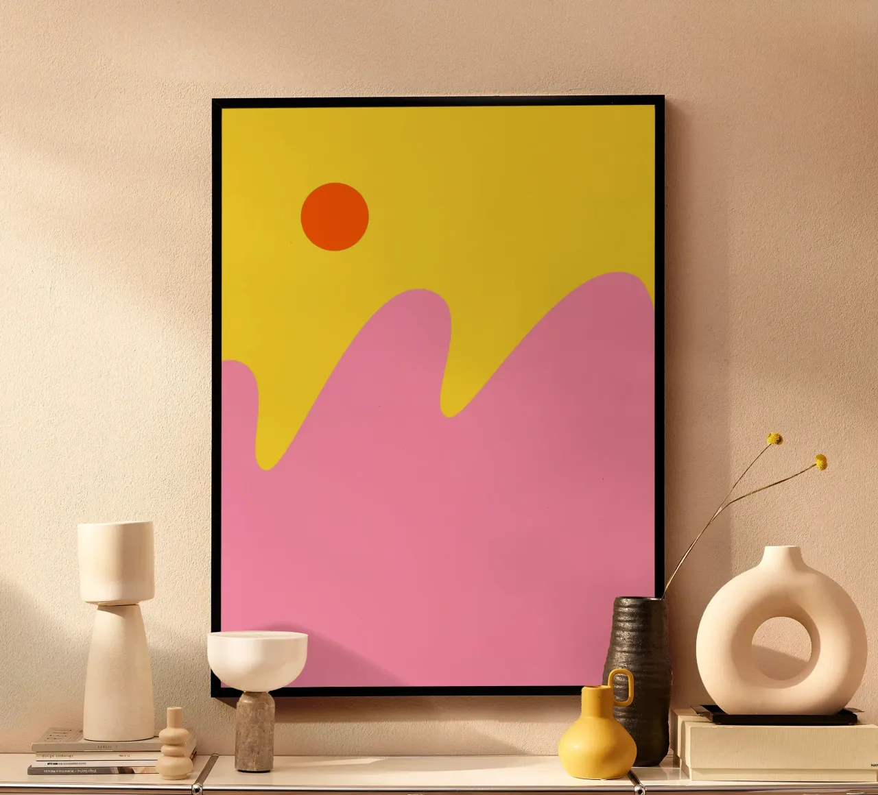 color blocks waves poster with wooden frame by pastel color shape
