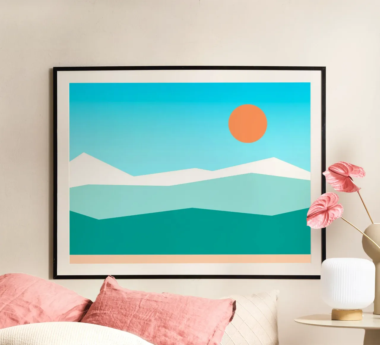 cielo blu geometrico con sole poster con telaio in plastica da pastel color shape