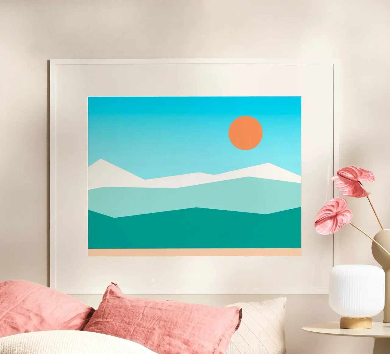 cielo blu geometrico con sole poster con telaio in plastica da pastel color shape