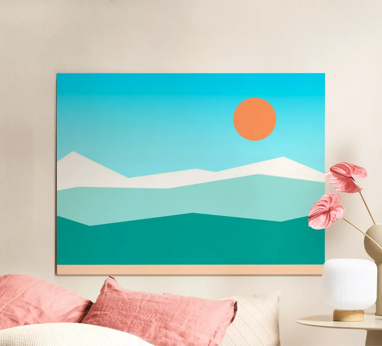 cielo blu geometrico con sole poster con telaio in plastica da pastel color shape