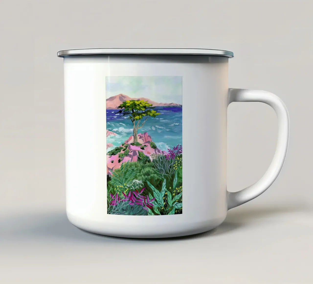 Lone Cypress enamel mug by Sarah Gesek
