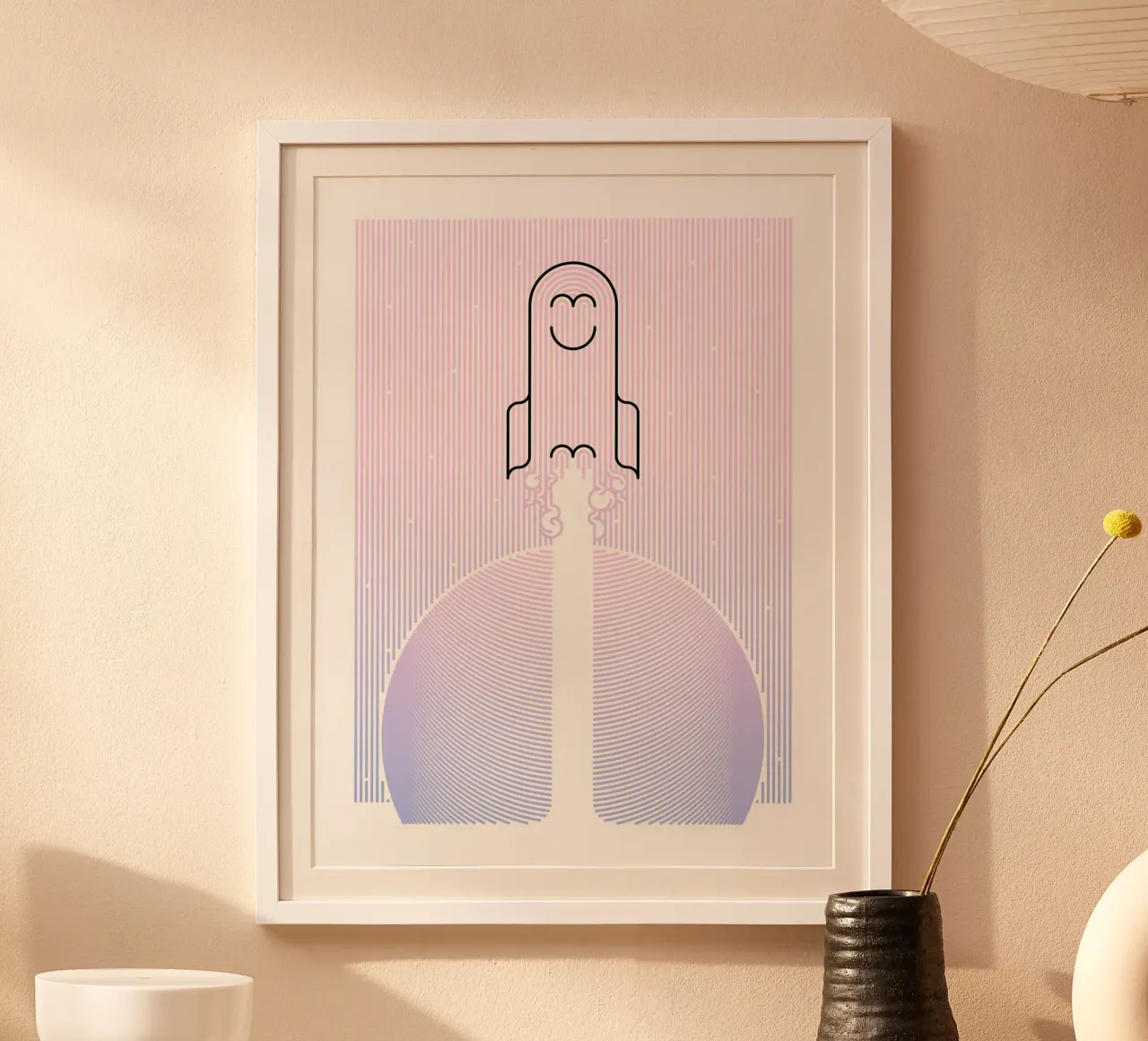 funny rocket poster with aluminum frame by pastel color shape