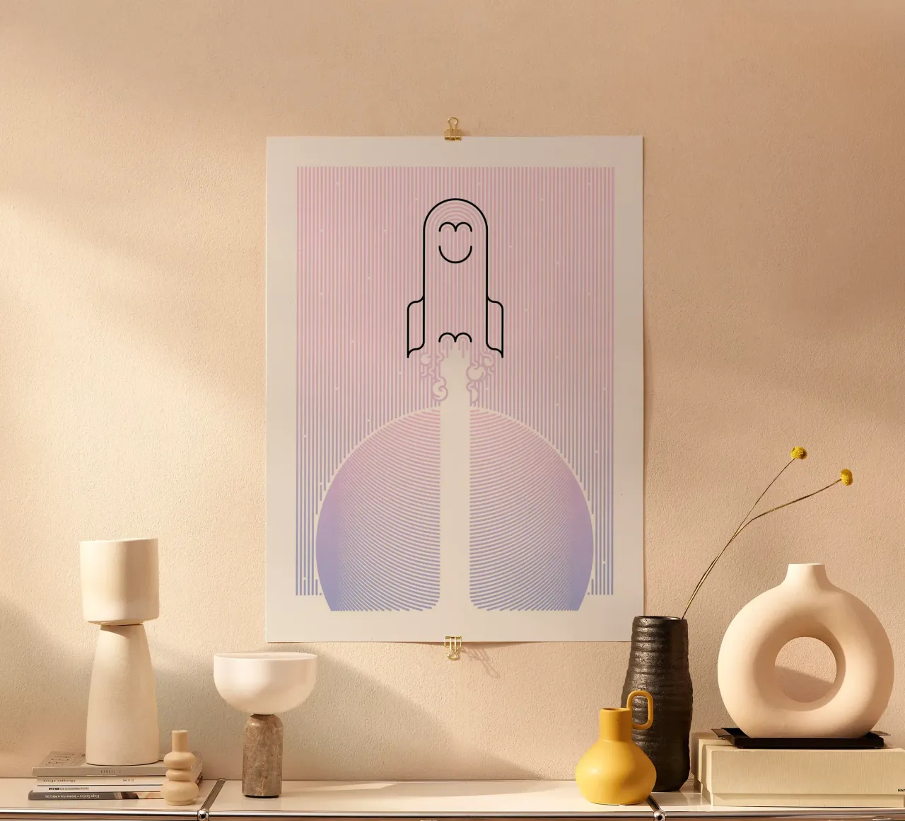 funny rocket poster with aluminum frame by pastel color shape