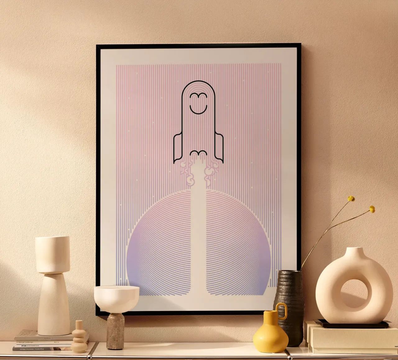 funny rocket poster with aluminum frame by pastel color shape