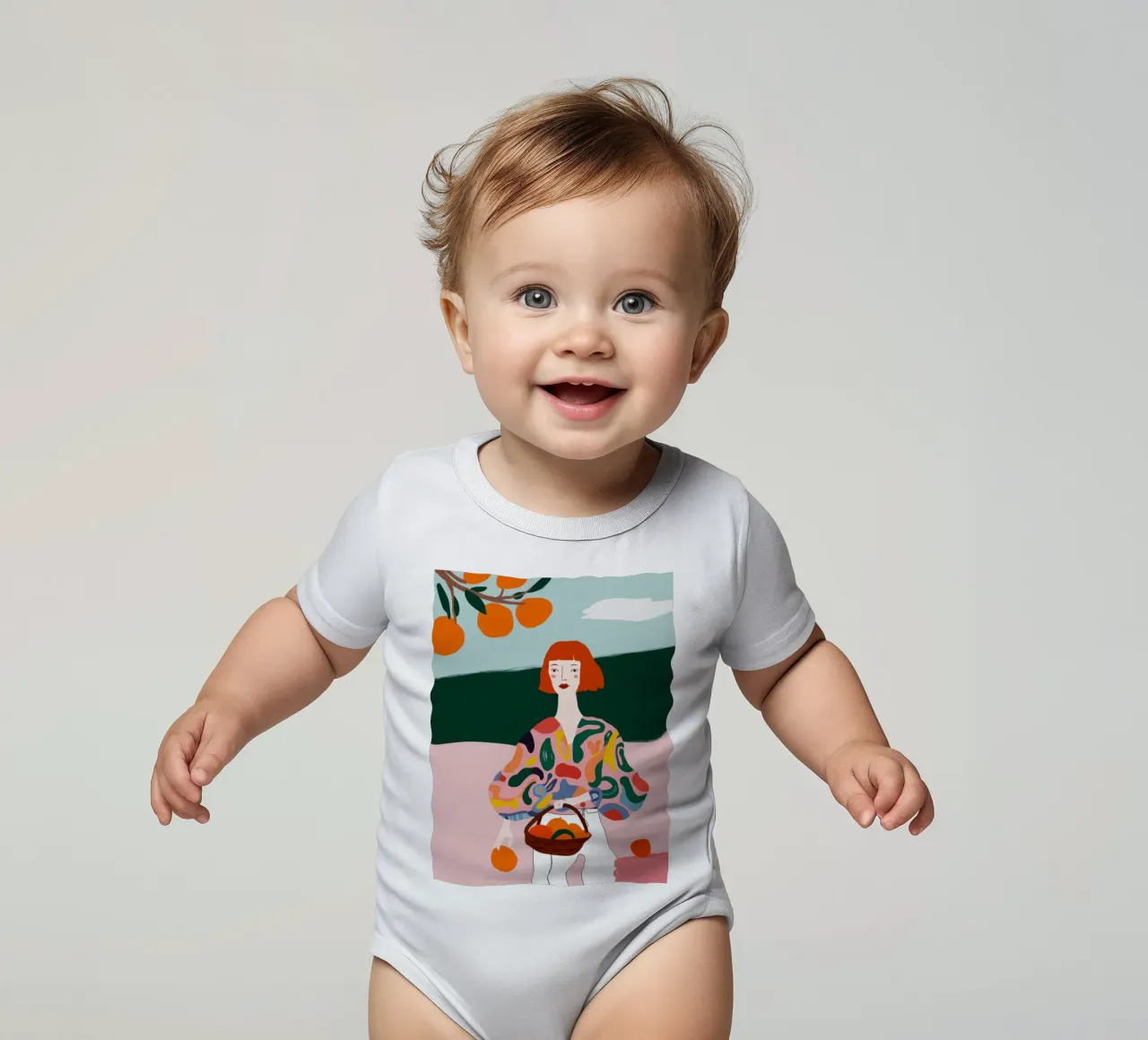 Orange Basket Redhead short-sleeve baby romper by Marigold Tiga