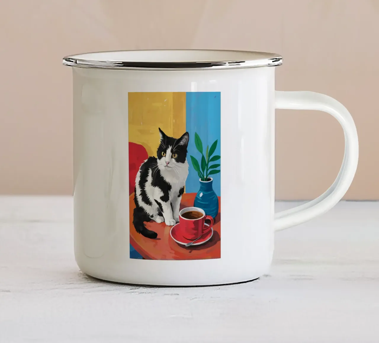 Gatto Tuxedo Caffè tazza in smalto da Stone Decade