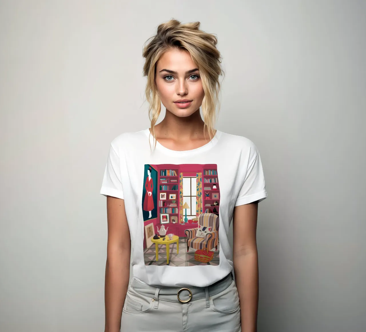 Striped Armchair Library women's fitted t-shirt by Marigold Tiga