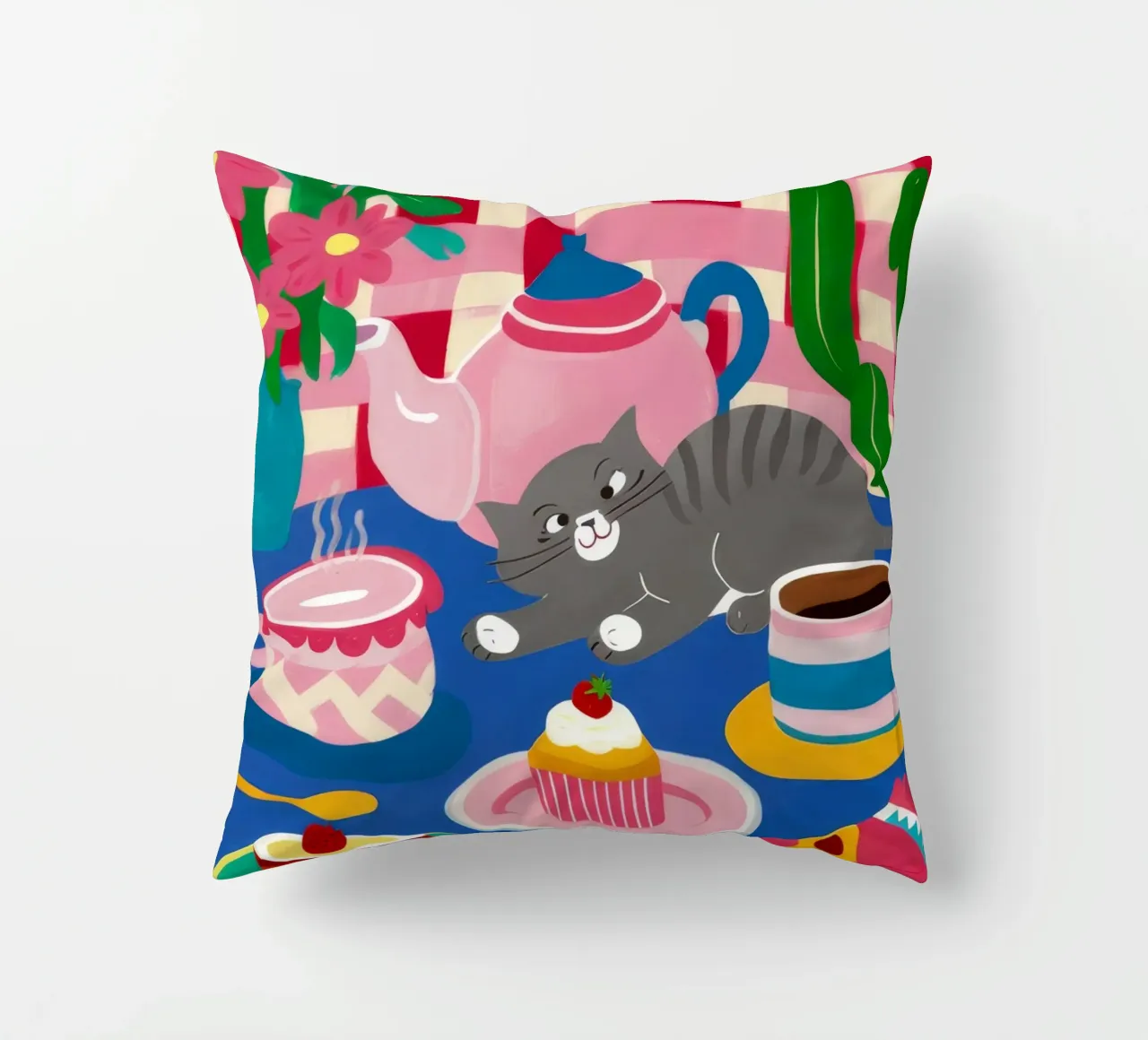 Tea Party felino cuscino da Muse Artworks