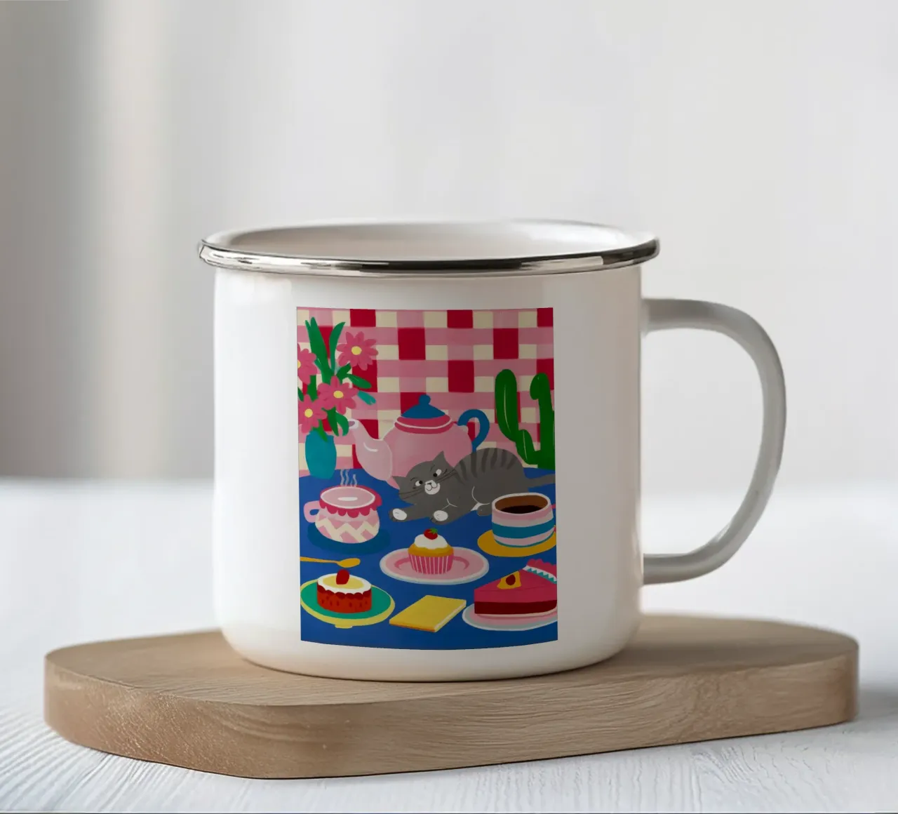 Tea Party felino tazza in smalto da Muse Artworks