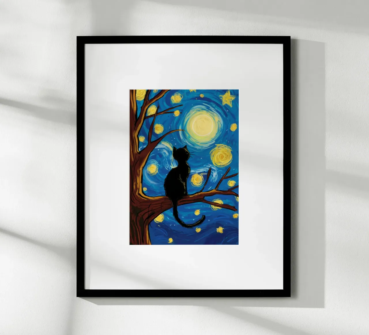 Gatto dell'albero della notte stellata poster con telaio in alluminio da Stone Decade