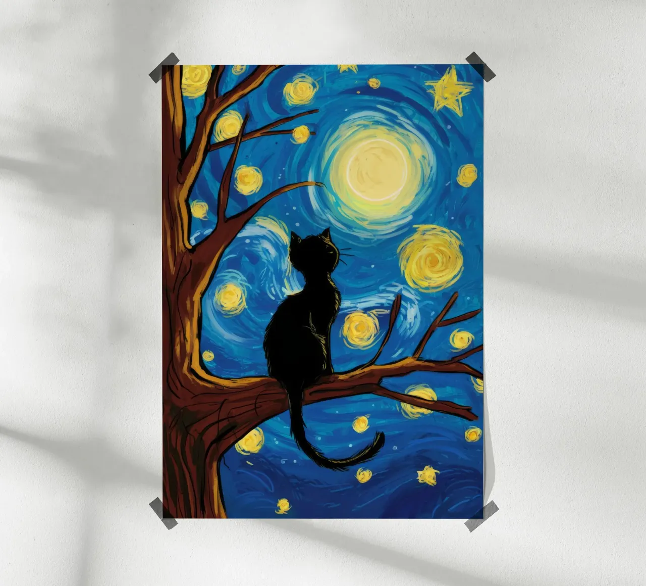 Gatto dell'albero della notte stellata poster con telaio in alluminio da Stone Decade