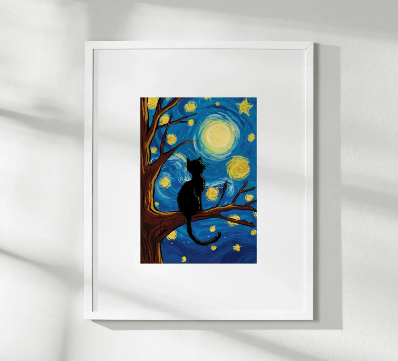 Gatto dell'albero della notte stellata poster con telaio in alluminio da Stone Decade
