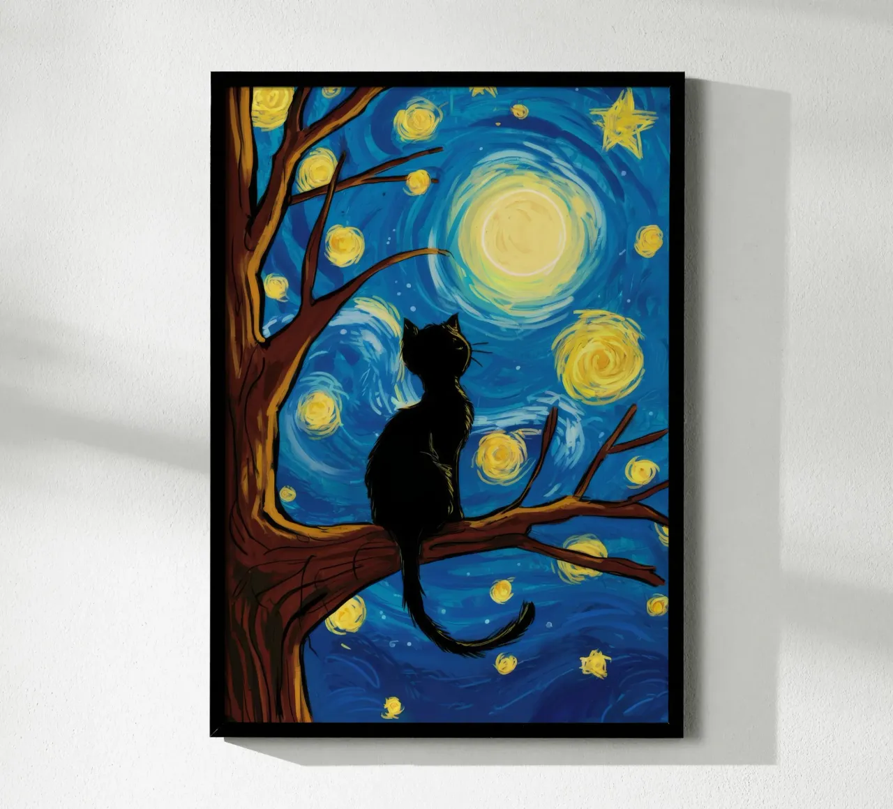 Gatto dell'albero della notte stellata poster con telaio in alluminio da Stone Decade
