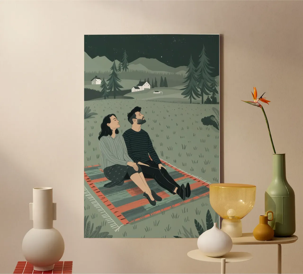 Field Lounging Couple canvas with Floater frame by Sentinel Glow