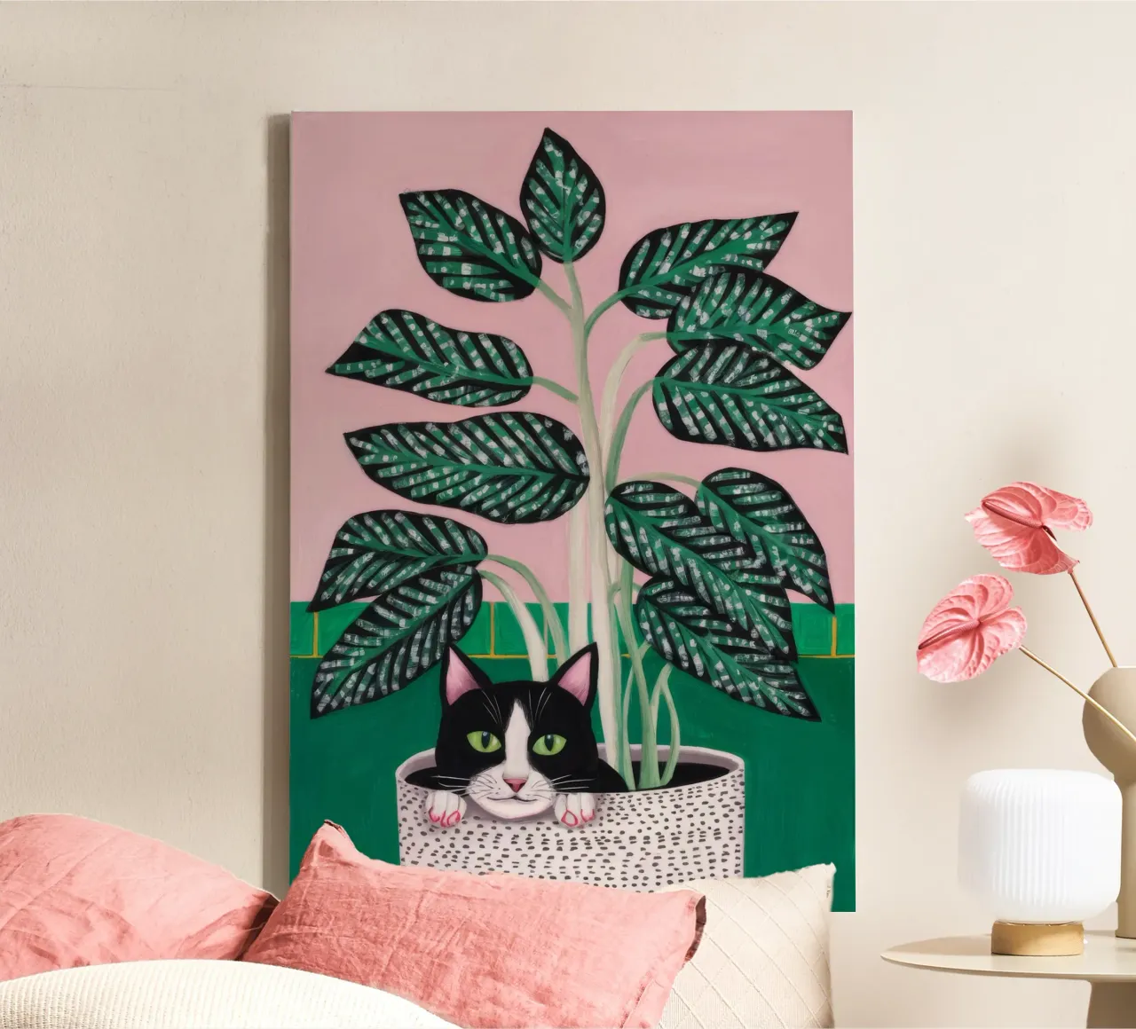 Geruite vloerplanten canvas met Baklijst van Stone Decade