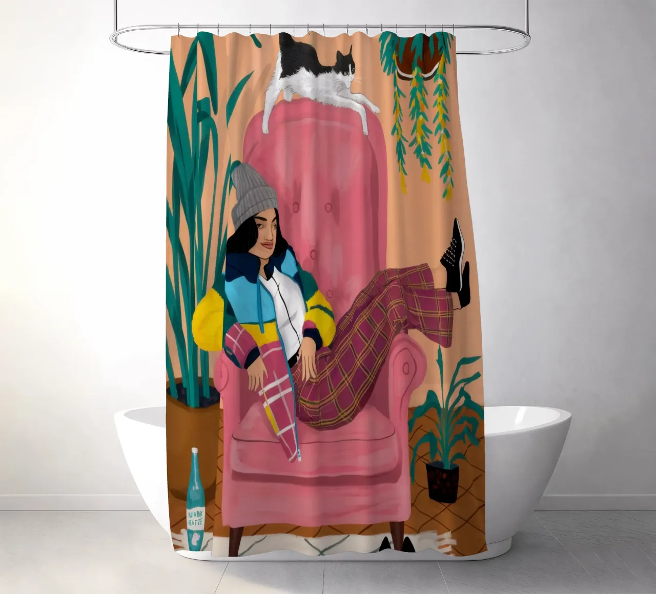 Pink Armchair Repose shower curtain by Marigold Tiga