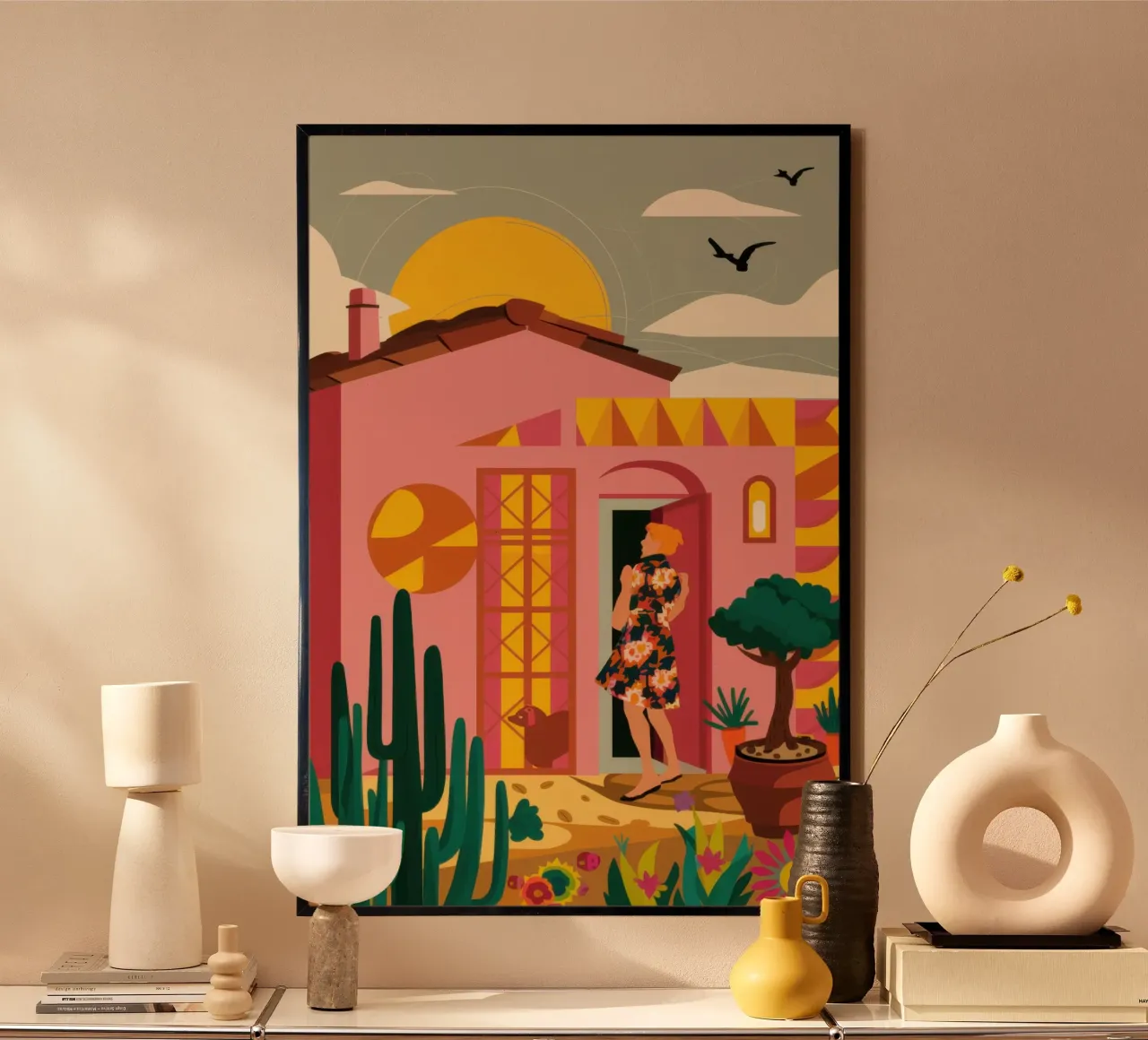Gatto da balcone all'alba poster con telaio in legno da Pale Aura