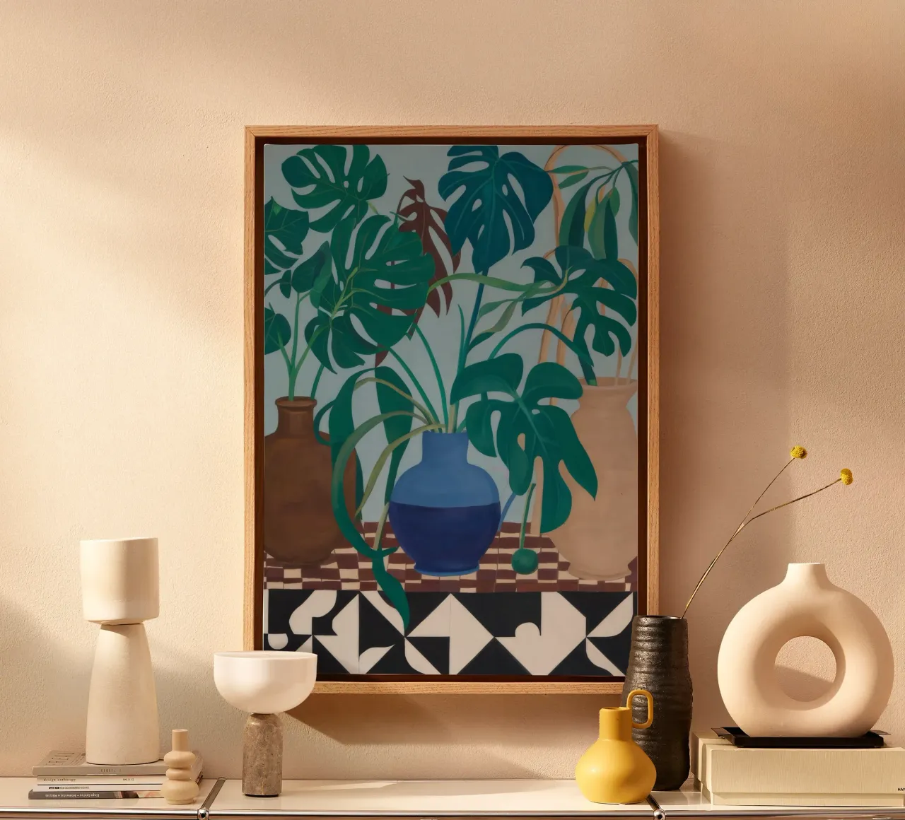 Blaue Vase Karierter Tisch Leinwand mit Schattenfugenrahmen von Stone Decade