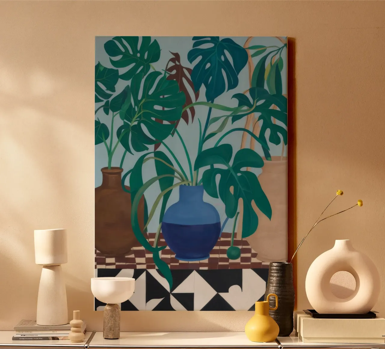 Blaue Vase Karierter Tisch Leinwand mit Schattenfugenrahmen von Stone Decade