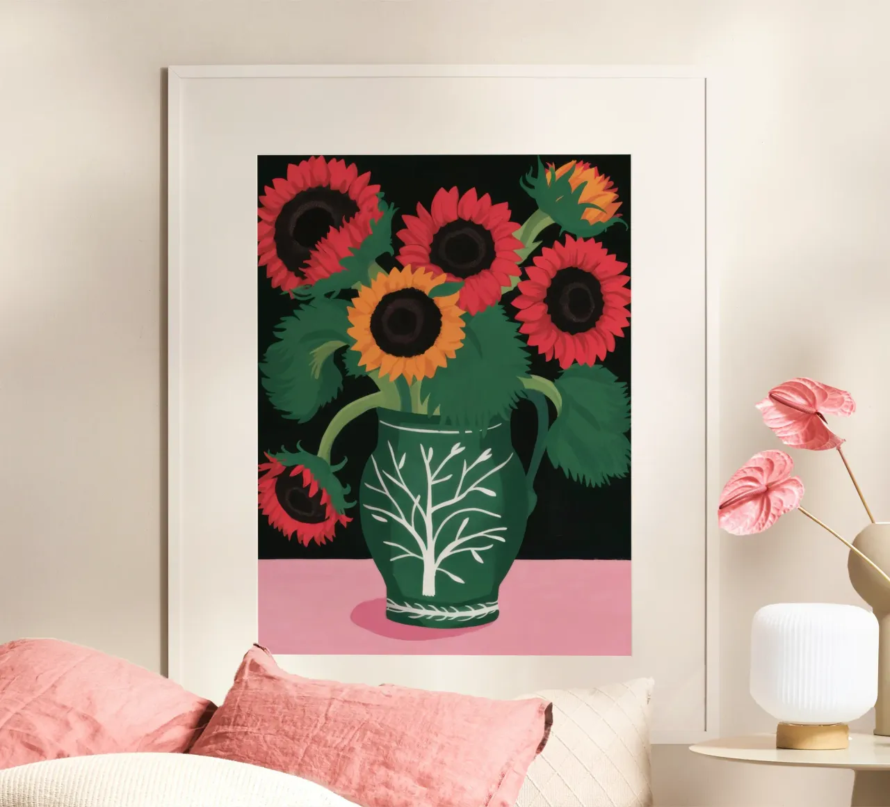 Girasoli in vaso verde poster con telaio in plastica da Sentinel Glow