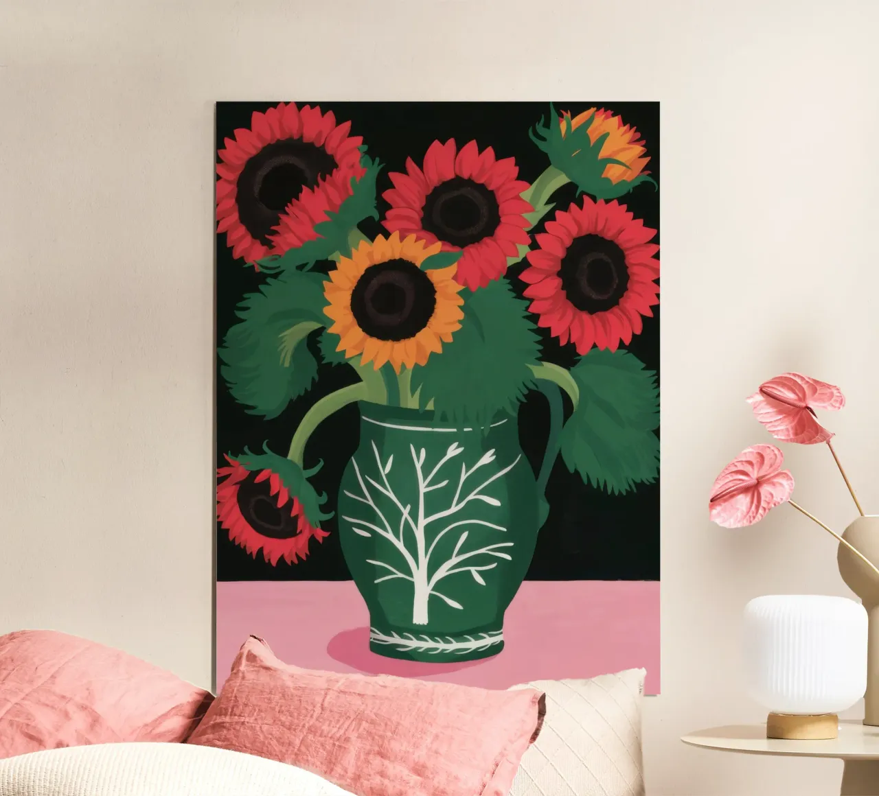 Girasoli in vaso verde poster con telaio in plastica da Sentinel Glow