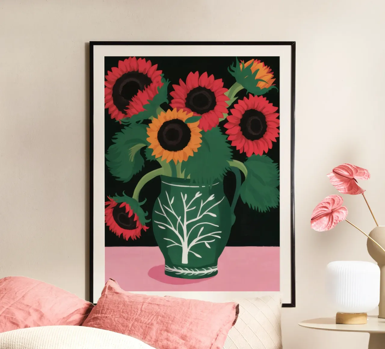 Girasoli in vaso verde poster con telaio in plastica da Sentinel Glow