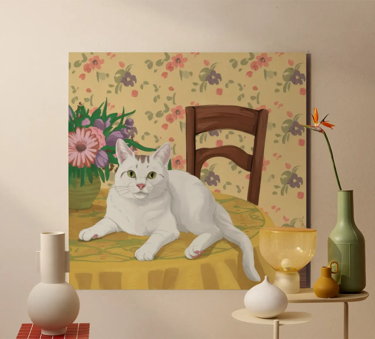 Gatto bianco Tavolo floreale alluminio dibond da Marigold Tiga