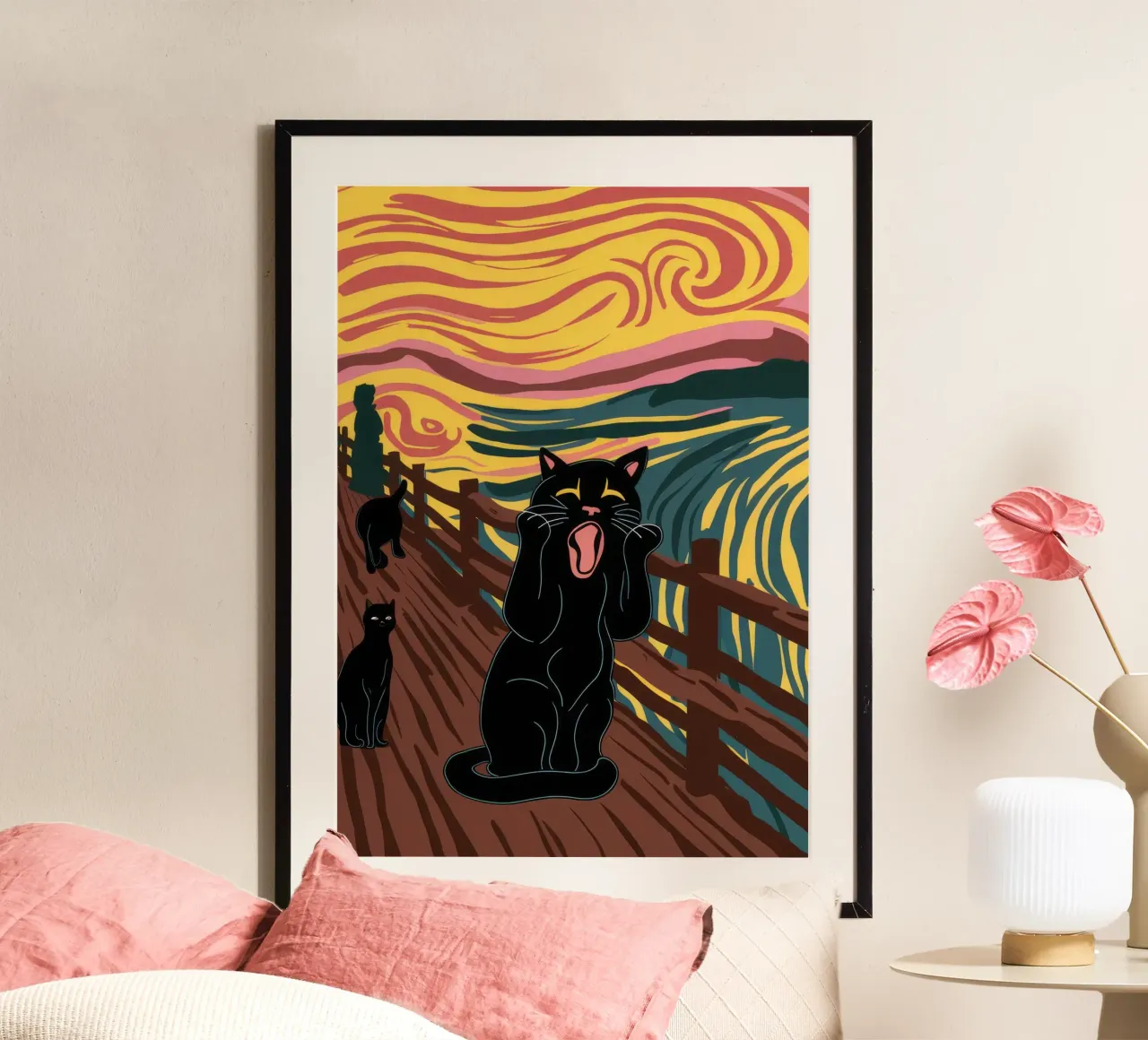 Parodia dell'urlo felino poster con telaio in legno da Stone Decade