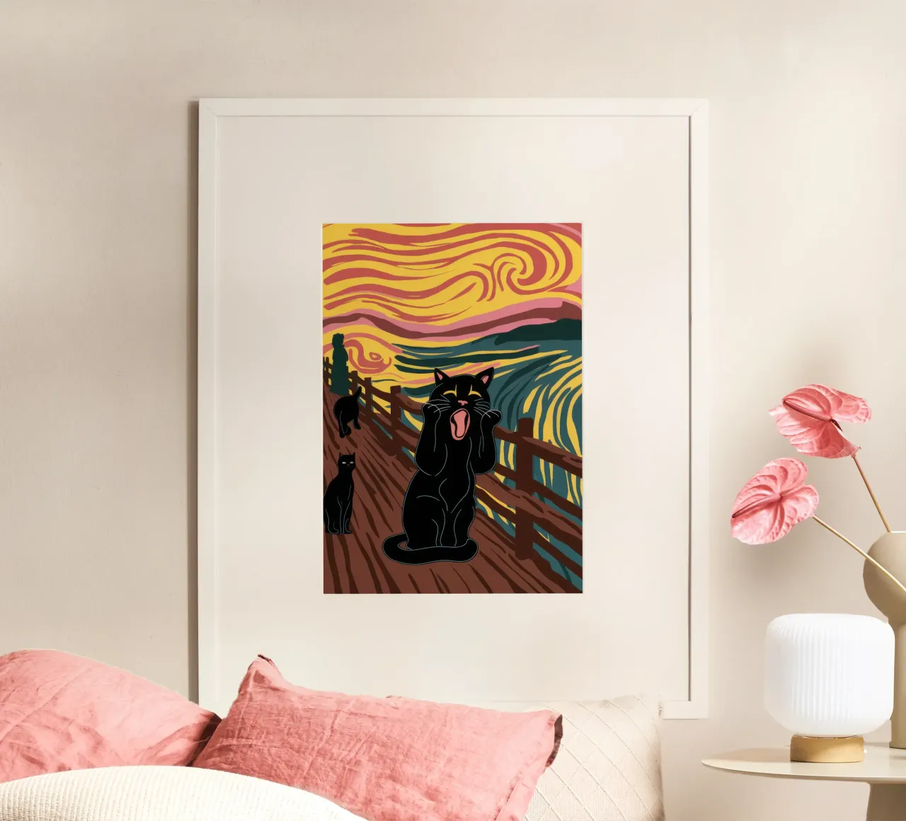 Parodia dell'urlo felino poster con telaio in legno da Stone Decade