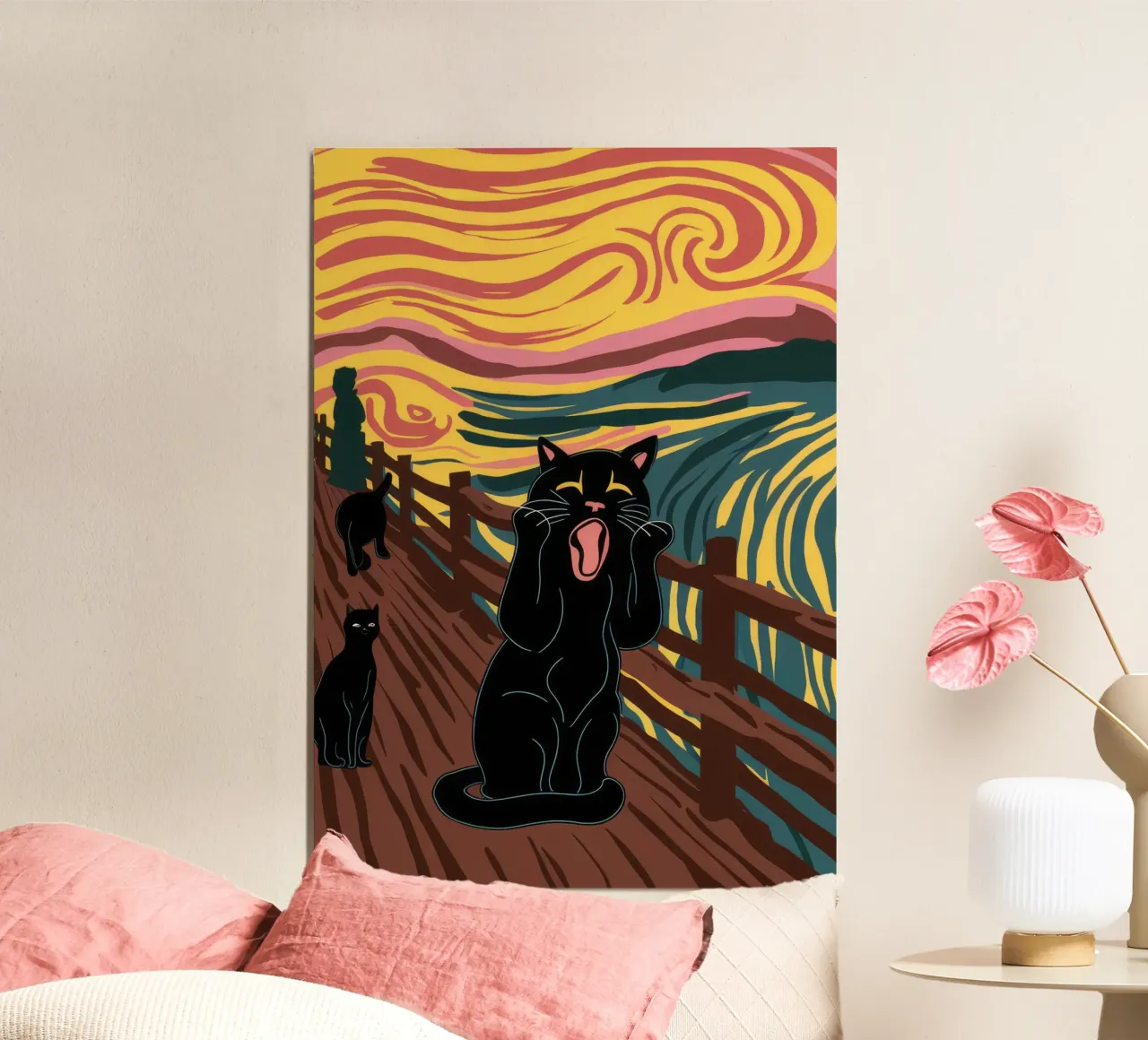 Parodia dell'urlo felino poster con telaio in legno da Stone Decade