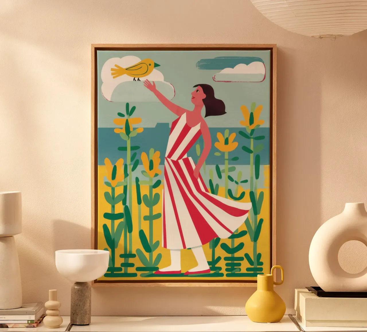 Zonnebloem Vogel Serenade canvas met Baklijst van Pale Aura