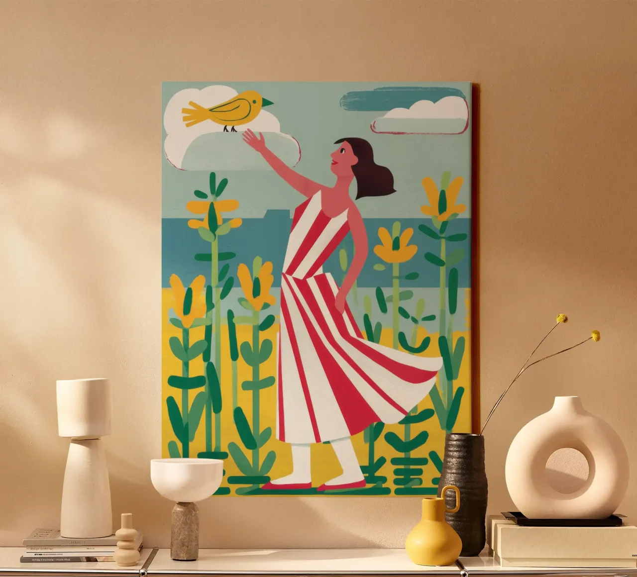Zonnebloem Vogel Serenade canvas met Baklijst van Pale Aura