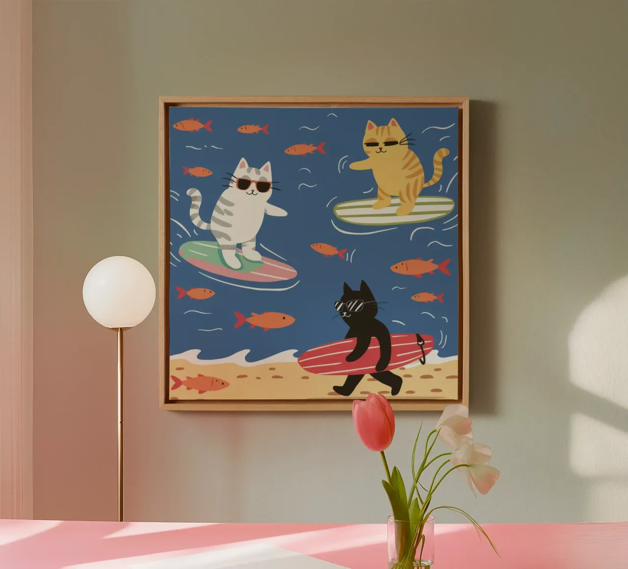 Surfen Katten Zomer canvas met Baklijst van Stone Decade