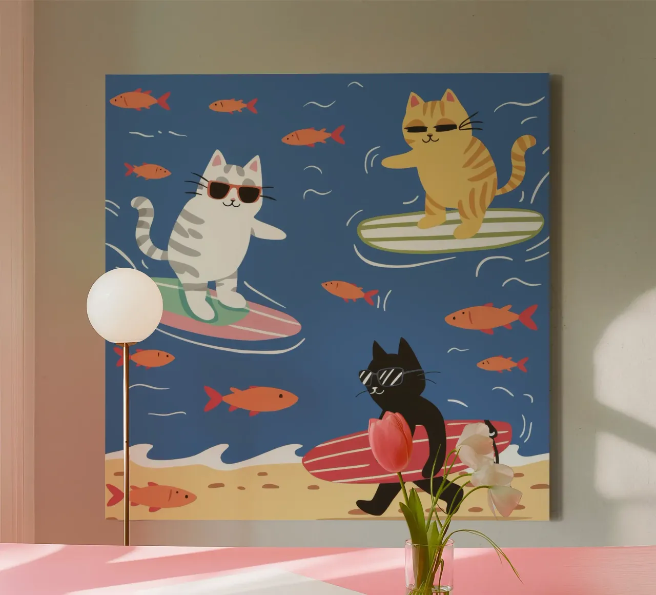 Surfen Katten Zomer canvas met Baklijst van Stone Decade