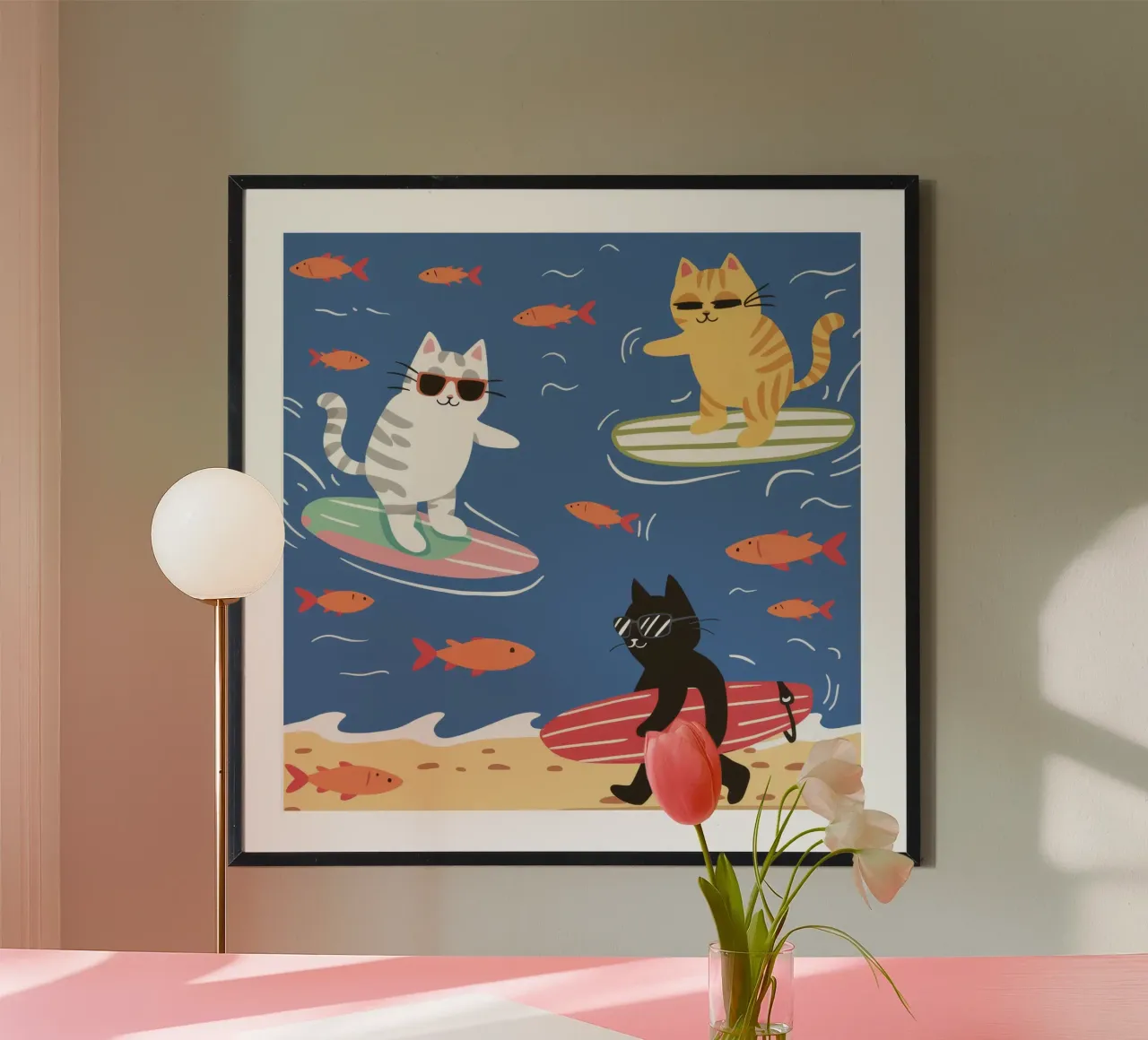 Gatti surfisti estate poster con telaio in alluminio da Stone Decade
