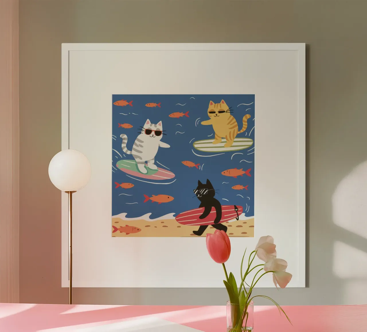 Gatti surfisti estate poster con telaio in alluminio da Stone Decade