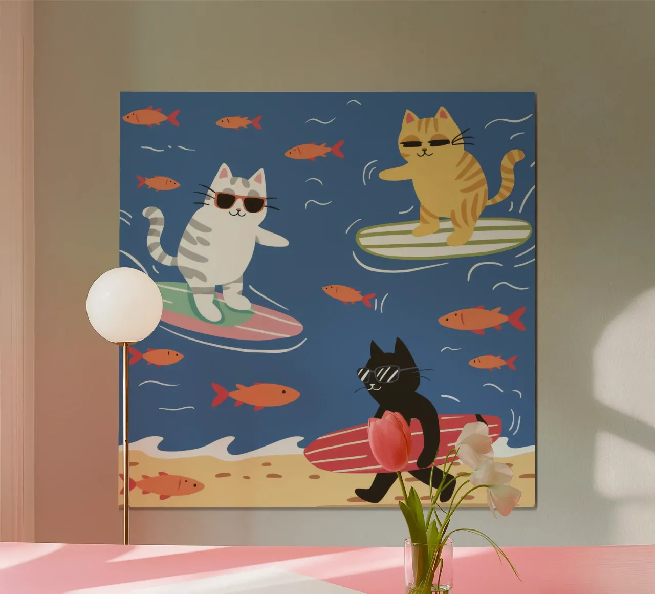 Gatti surfisti estate poster con telaio in alluminio da Stone Decade