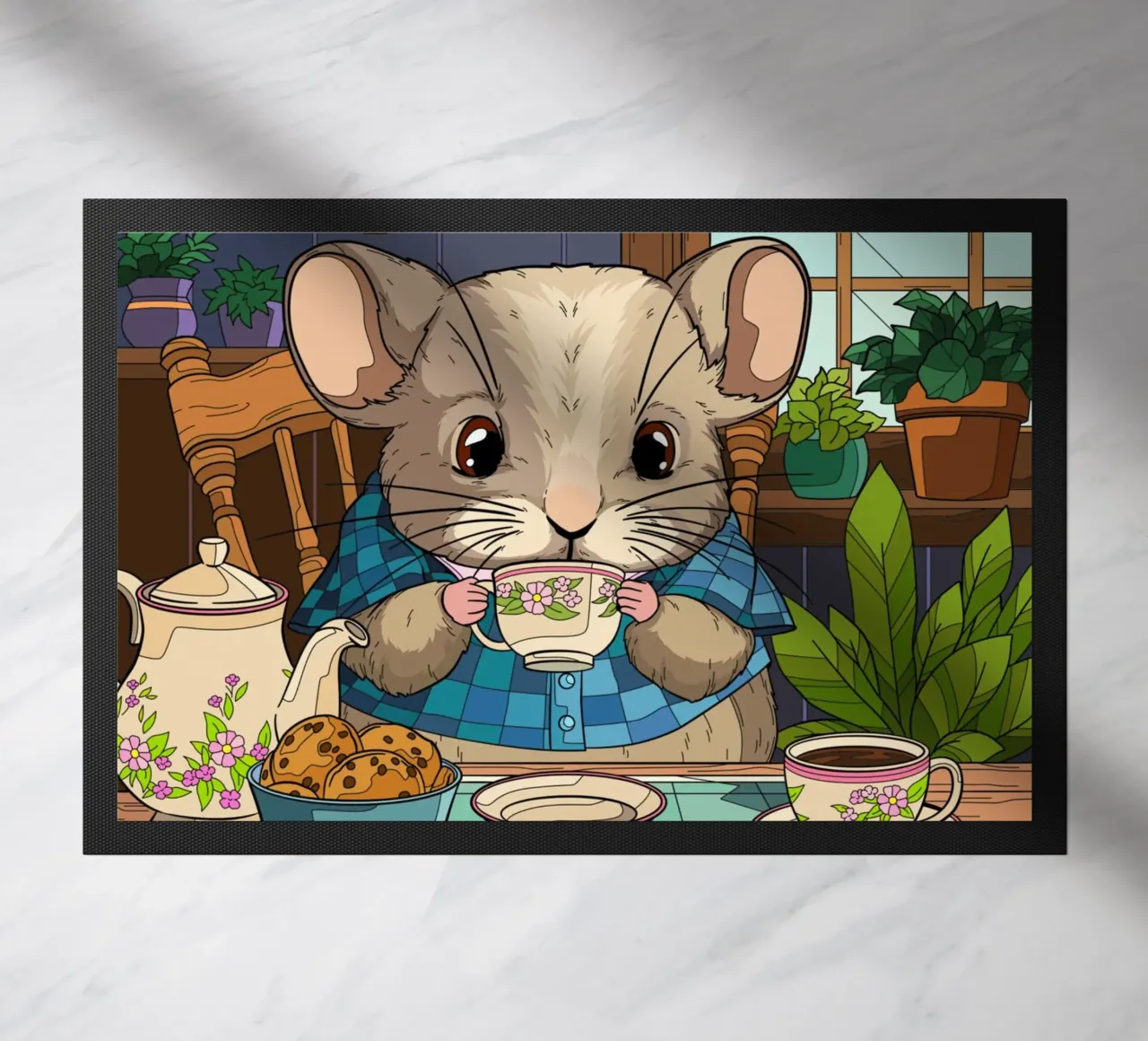 Ratón a la hora del té felpudo de Fanya Art